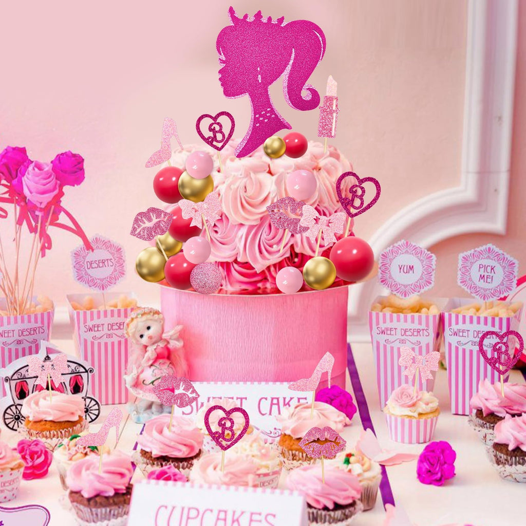 MEMOVAN Hot Pink Girl Cake Topper 31PCS – Princess Theme Cake Decoration Set