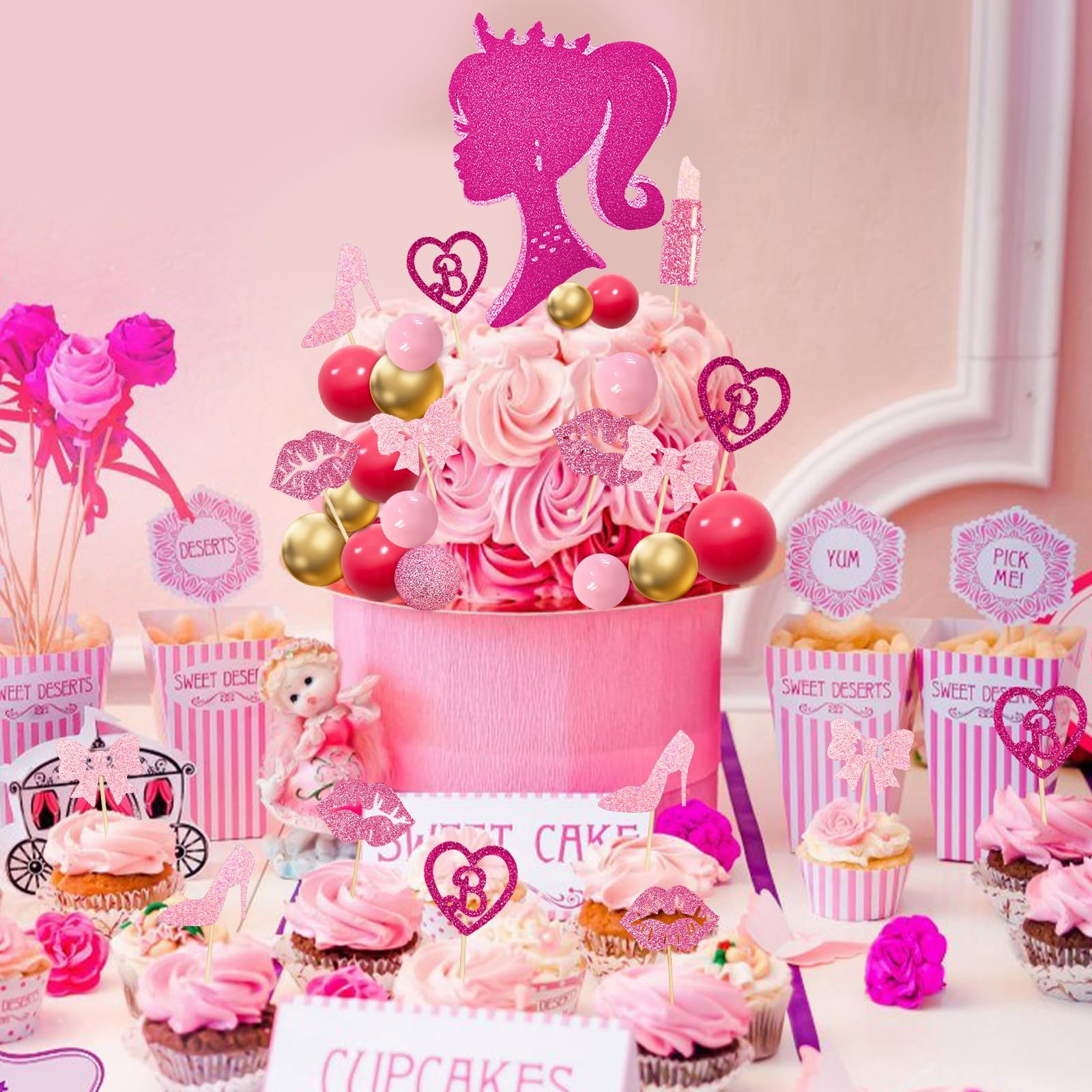 MEMOVAN Hot Pink Girl Cake Topper 31PCS – Princess Theme Cake Decoration Set