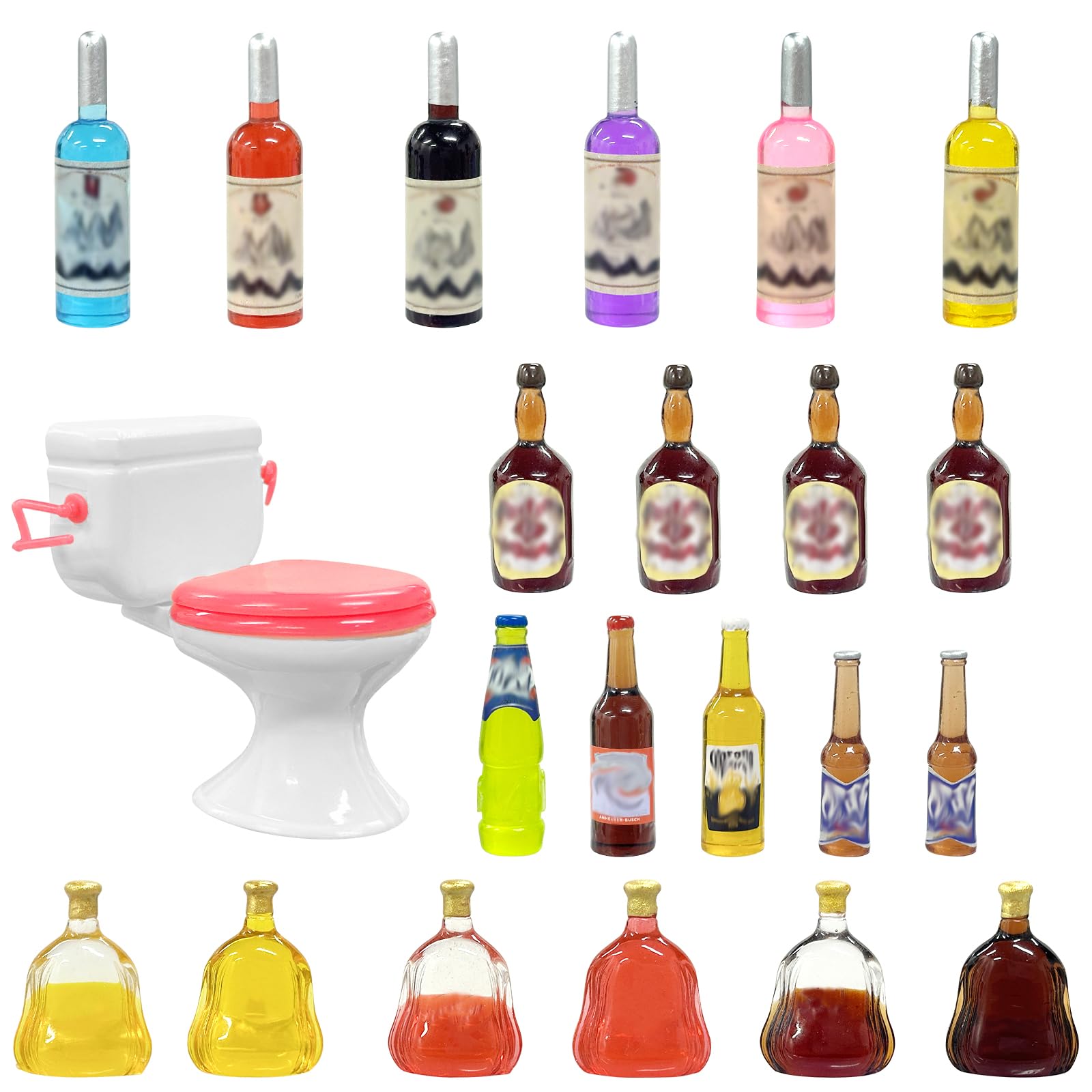 MEMOVAN Toilet Cake Topper + 21 Miniature Wine Bottle Toppers – 22-Piece Dollhouse Party Decor