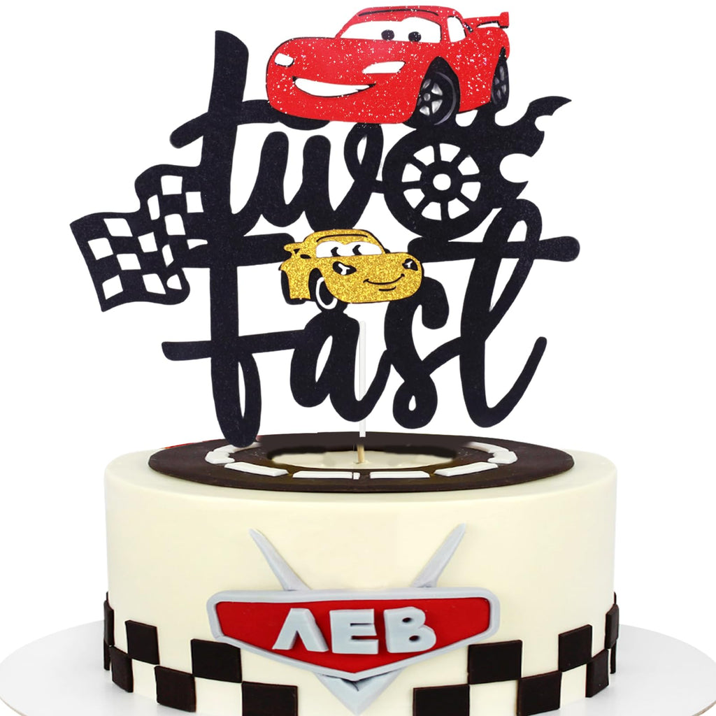 MEMOVAN Two Fast Race Car Cake Topper – 2nd Birthday Party Decoration, Double-Sided