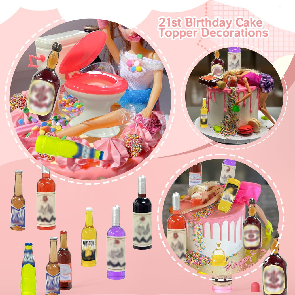 MEMOVAN Toilet Cake Topper + 21 Miniature Wine Bottle Toppers – 22-Piece Dollhouse Party Decor