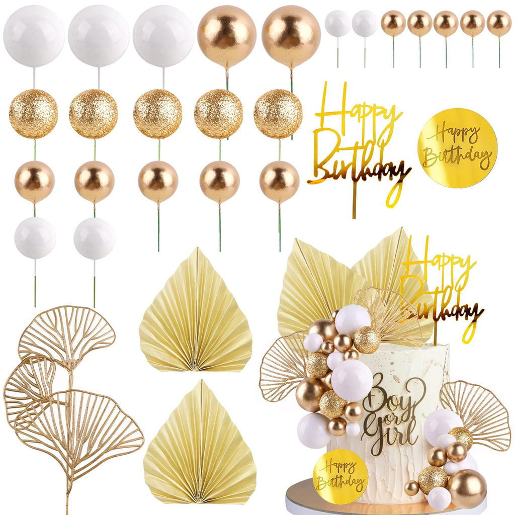 MEMOVAN White Gold Balls Cake Toppers – Champagne Rose & Gold Palm Leaves for Boho Birthday, Wedding & Baby Shower