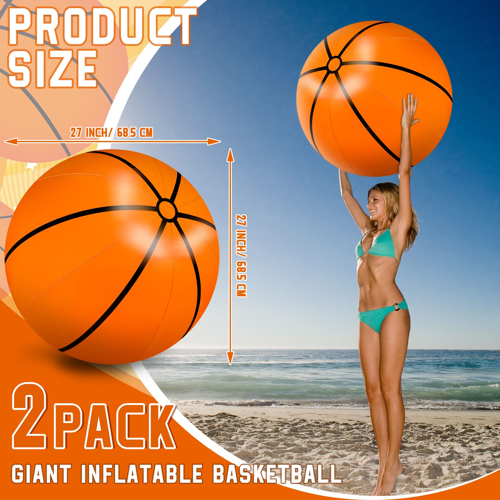 Meooeck 2 Pcs 27-Inch Inflatable Basketballs – Giant Party Decorations & Outdoor Games