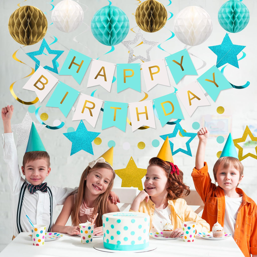 Meowtastic Birthday Decorations – Banner, Honeycomb Balls, Stars Swirls, Circle Dots (Mint)