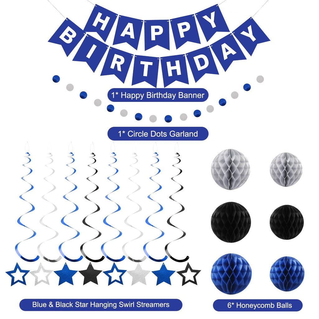 Meowtastic Birthday Decorations — Blue & Silver Banner, Honeycomb Balls & Swirl Streamers