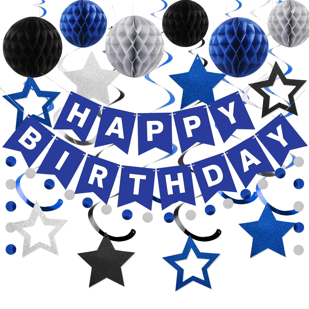 Meowtastic Birthday Decorations — Blue & Silver Banner, Honeycomb Balls & Swirl Streamers