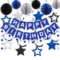 Meowtastic Birthday Decorations — Blue & Silver Banner, Honeycomb Balls & Swirl Streamers