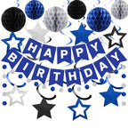 Meowtastic Birthday Decorations — Blue & Silver Banner, Honeycomb Balls & Swirl Streamers