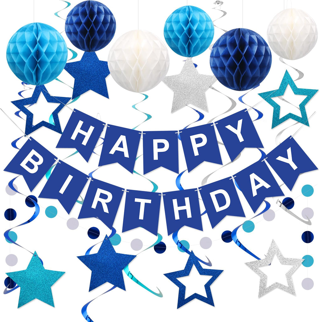 Meowtastic Birthday Decorations: Happy Banner, Honeycomb Balls, Stars Swirl Streamers, Circle Dots Garland - Blue