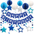 Meowtastic Birthday Decorations: Happy Banner, Honeycomb Balls, Stars Swirl Streamers, Circle Dots Garland - Blue