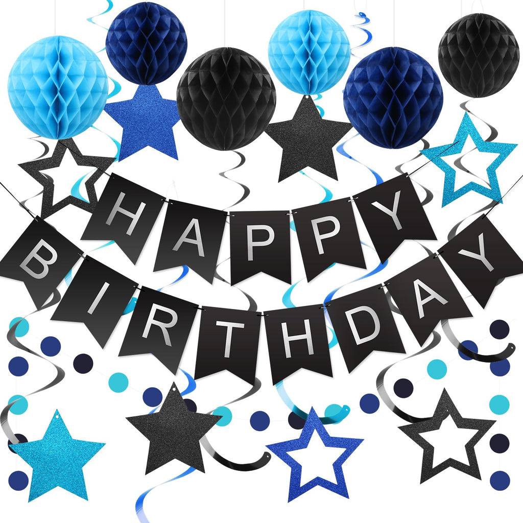 Meowtastic Birthday Decorations Set | Banner, Honeycomb Balls, Stars Swirl Streamers, Circle Dots Garland (Black & Blue)