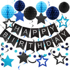 Meowtastic Birthday Decorations Set | Banner, Honeycomb Balls, Stars Swirl Streamers, Circle Dots Garland (Black & Blue)