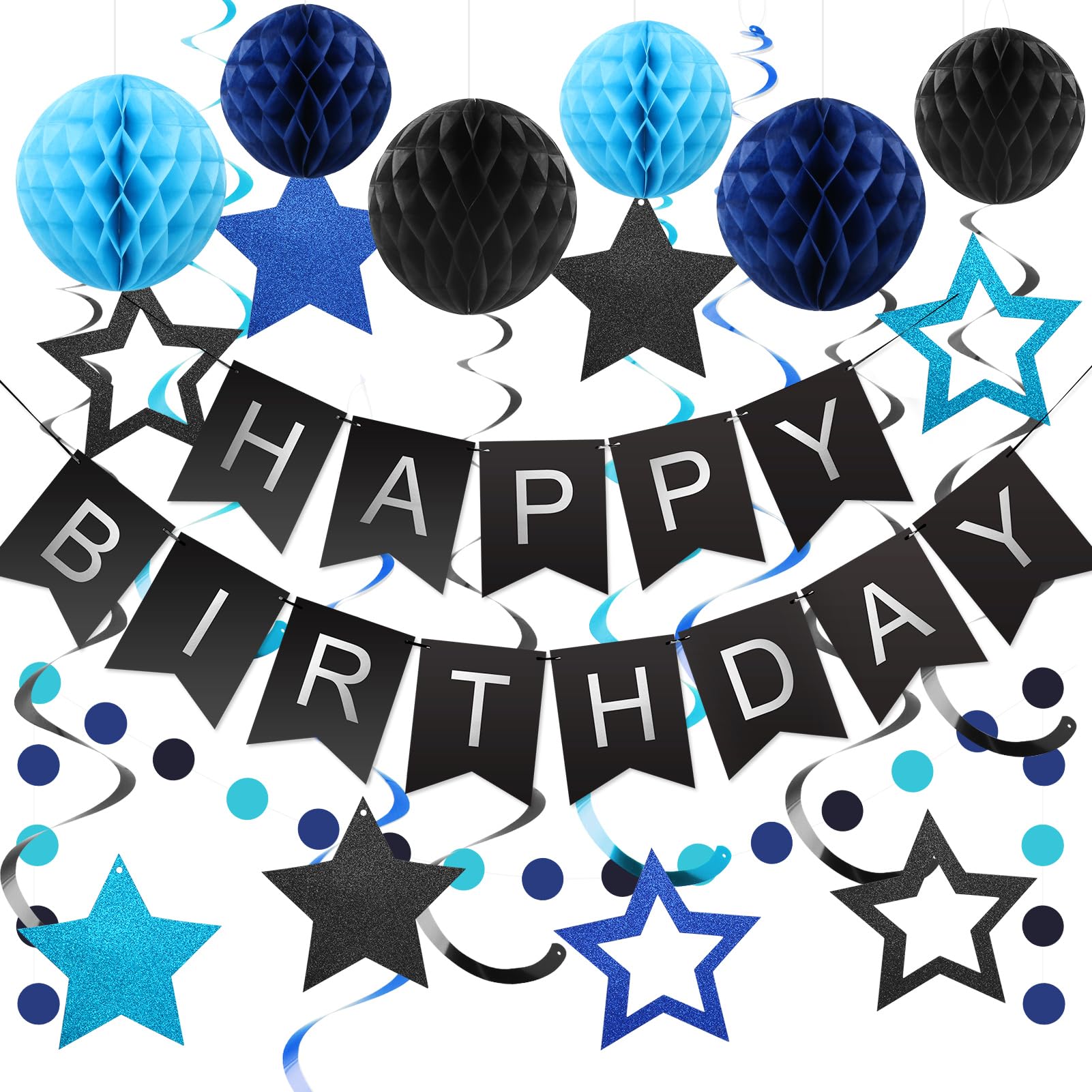 Meowtastic Birthday Decorations Set | Banner, Honeycomb Balls, Stars Swirl Streamers, Circle Dots Garland (Black & Blue)