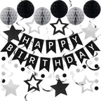 meowtastic Birthday Decorations - Happy Birthday Banner, Honeycomb Balls & Star Streamers in Black & Silver