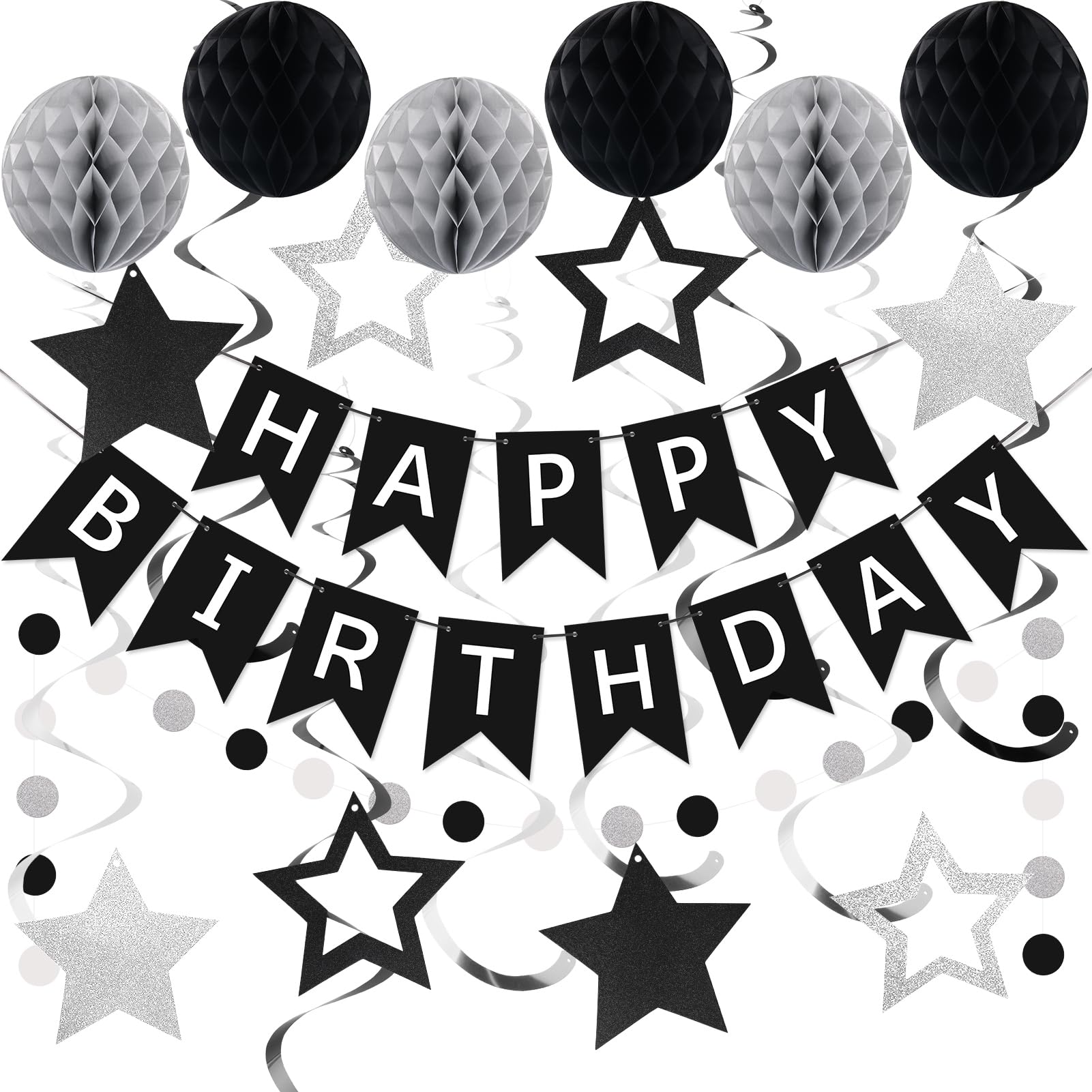 meowtastic Birthday Decorations - Happy Birthday Banner, Honeycomb Balls & Star Streamers in Black & Silver