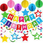 Meowtastic Rainbow Birthday Decorations – Banner, Honeycomb Balls & Stars Swirls