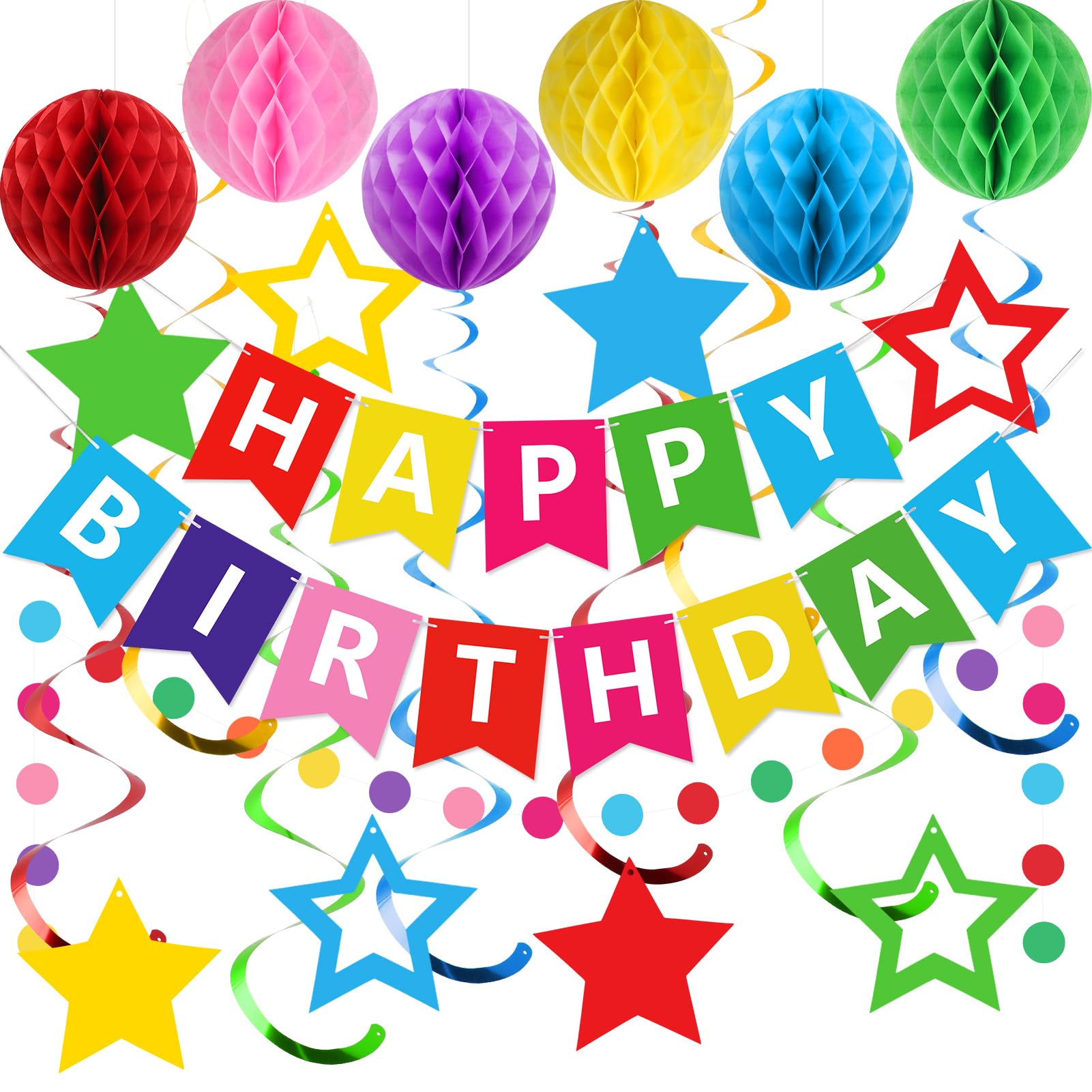 Meowtastic Rainbow Birthday Decorations – Banner, Honeycomb Balls & Stars Swirls