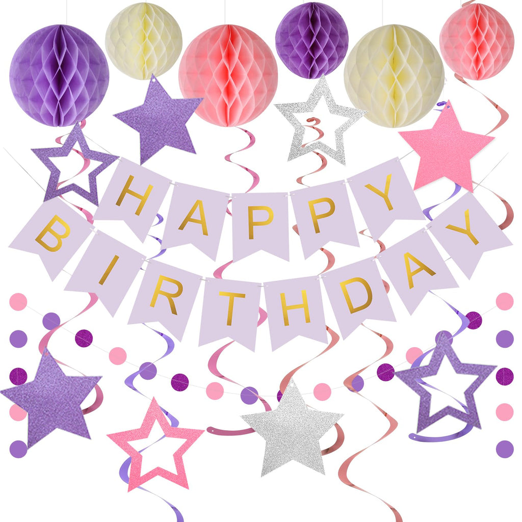 Meowtastic Birthday Decorations – Purple Banner, Honeycomb Balls, Stars Swirls & Circle Dots