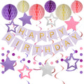 Meowtastic Birthday Decorations – Purple Banner, Honeycomb Balls, Stars Swirls & Circle Dots