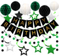 Meowtastic Birthday Decorations — Happy Birthday Banner, Honeycomb Balls, Star Swirl Streamers, Circle Dots (Green & Black)