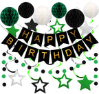 Meowtastic Birthday Decorations — Happy Birthday Banner, Honeycomb Balls, Star Swirl Streamers, Circle Dots (Green & Black)