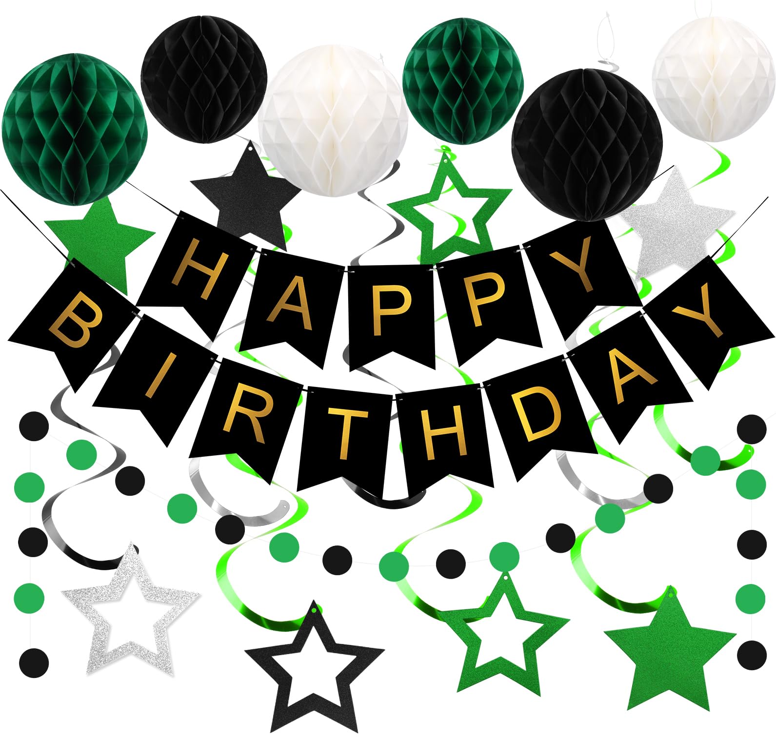 Meowtastic Birthday Decorations — Happy Birthday Banner, Honeycomb Balls, Star Swirl Streamers, Circle Dots (Green & Black)