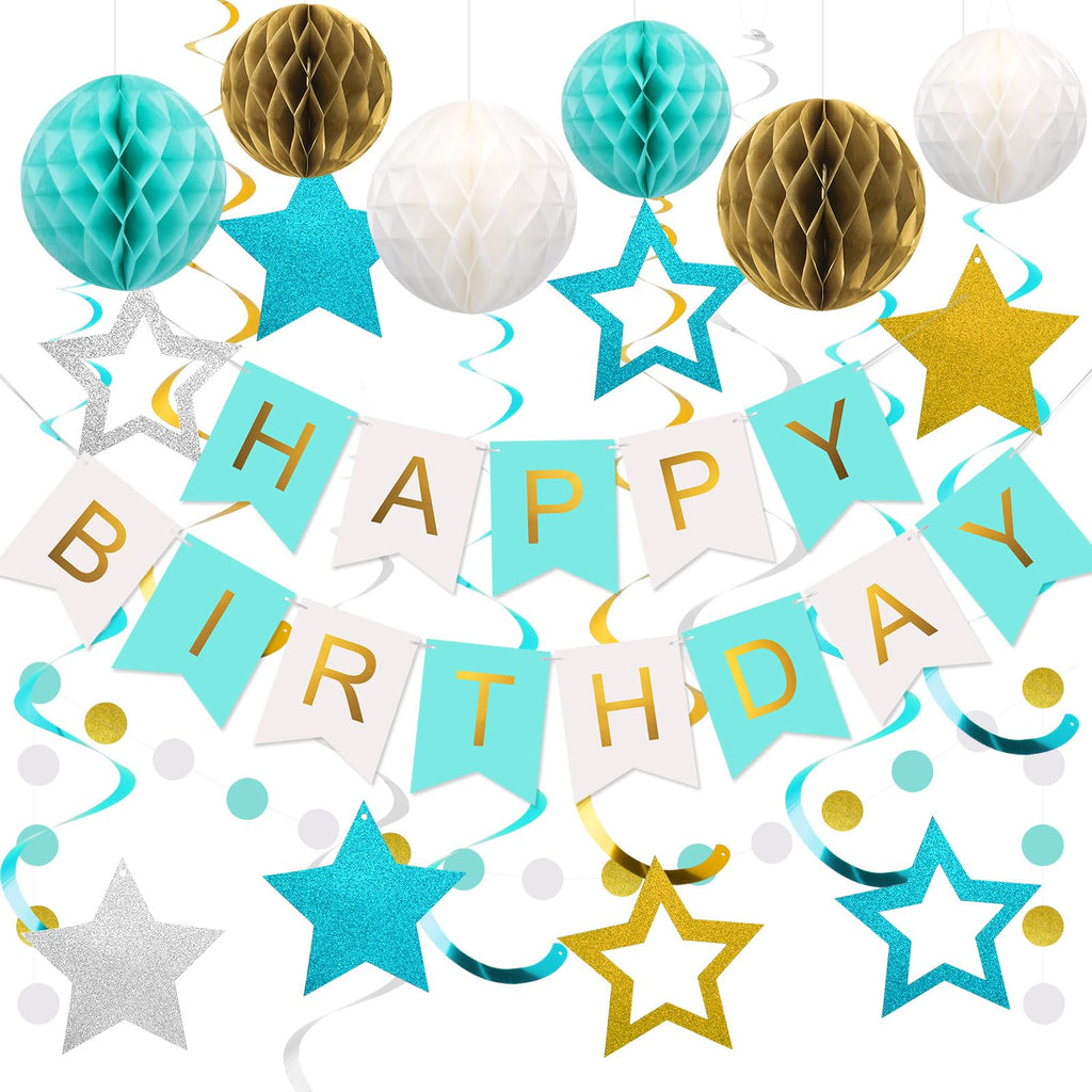 Meowtastic Birthday Decorations – Banner, Honeycomb Balls, Stars Swirls, Circle Dots (Mint)