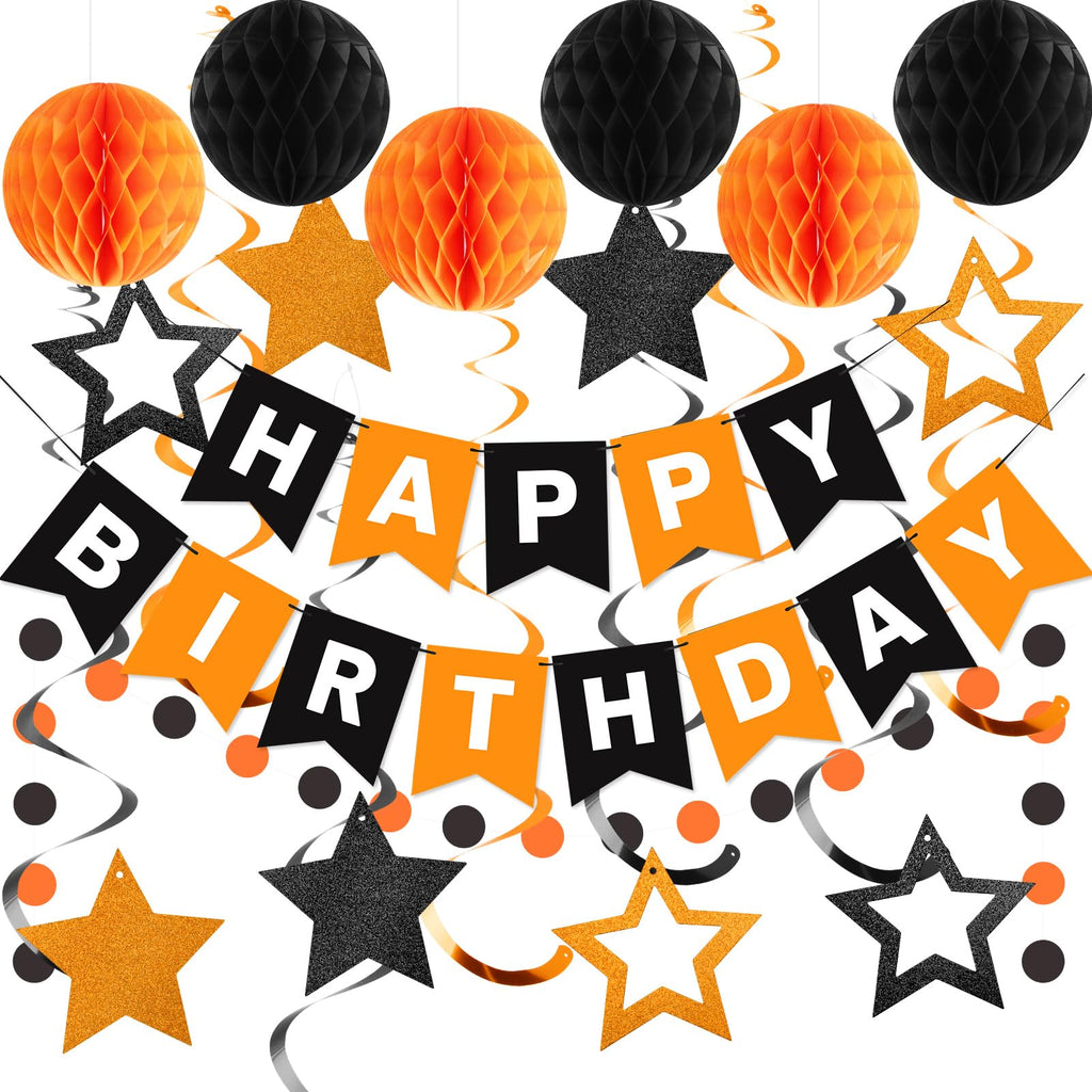 Meowtastic Birthday Decorations – Black & Orange Banner, Honeycomb Balls & Star Streamers