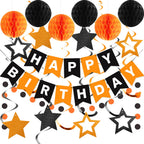 Meowtastic Birthday Decorations – Black & Orange Banner, Honeycomb Balls & Star Streamers