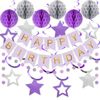 Meowtastic Birthday Decorations - Banner, Honeycomb Balls, Stars Swirls, Circle Dots (Purple & Silver)