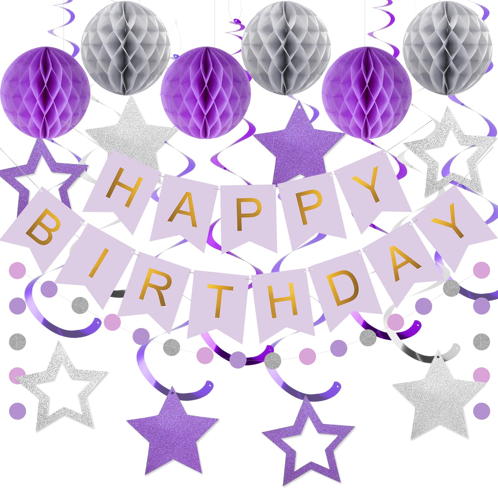 Meowtastic Birthday Decorations - Banner, Honeycomb Balls, Stars Swirls, Circle Dots (Purple & Silver)