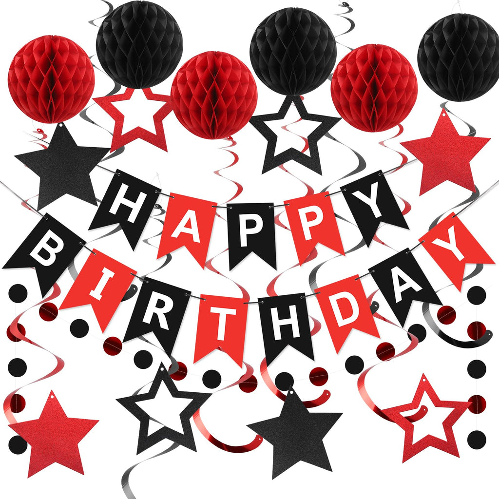 Meowtastic Birthday Decorations - Banner, Honeycomb Balls, Star Streamers & Dots Garland (Red & Black)