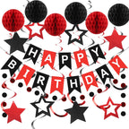 Meowtastic Birthday Decorations - Banner, Honeycomb Balls, Star Streamers & Dots Garland (Red & Black)