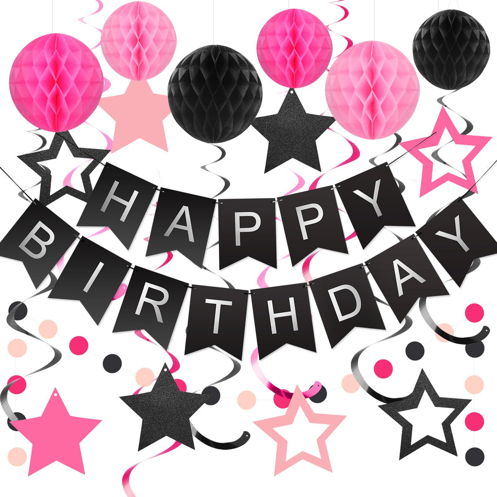 Meowtastic Birthday Decorations: Banner, Honeycomb Balls, Stars Swirl Streamers & Circle Dots Garland (Black & Pink)
