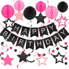 Meowtastic Birthday Decorations: Banner, Honeycomb Balls, Stars Swirl Streamers & Circle Dots Garland (Black & Pink)