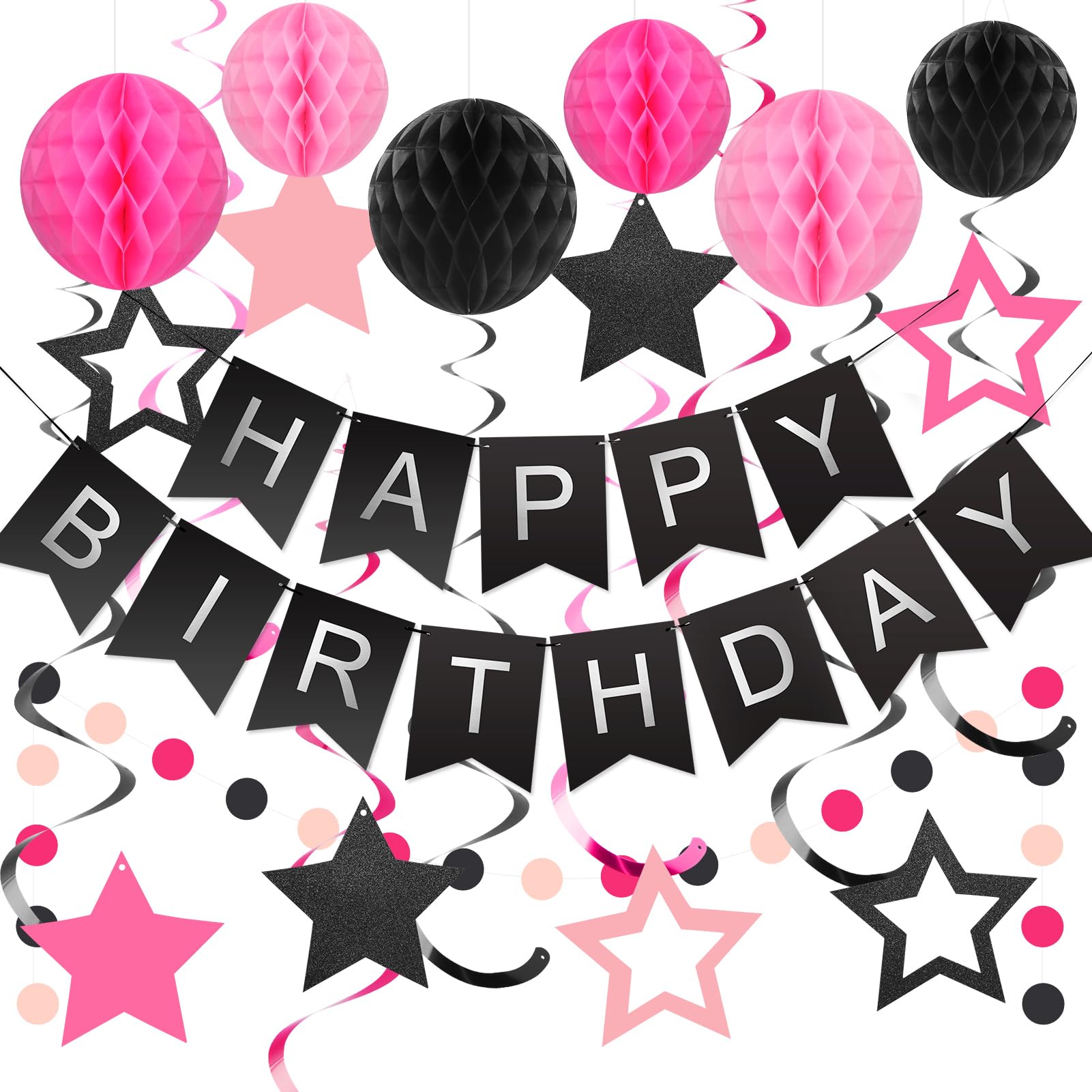 Meowtastic Birthday Decorations: Banner, Honeycomb Balls, Stars Swirl Streamers & Circle Dots Garland (Black & Pink)