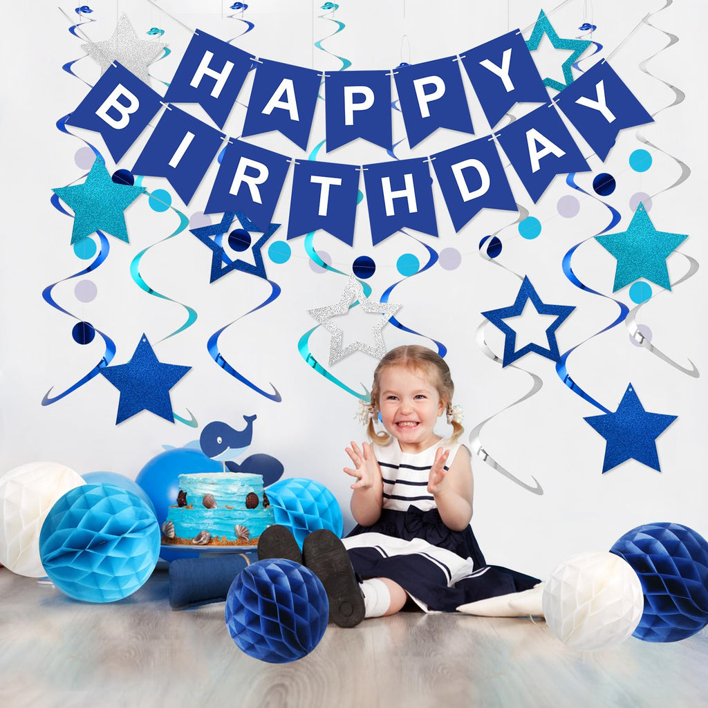 Meowtastic Birthday Decorations: Happy Banner, Honeycomb Balls, Stars Swirl Streamers, Circle Dots Garland - Blue