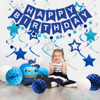 Meowtastic Birthday Decorations: Happy Banner, Honeycomb Balls, Stars Swirl Streamers, Circle Dots Garland - Blue