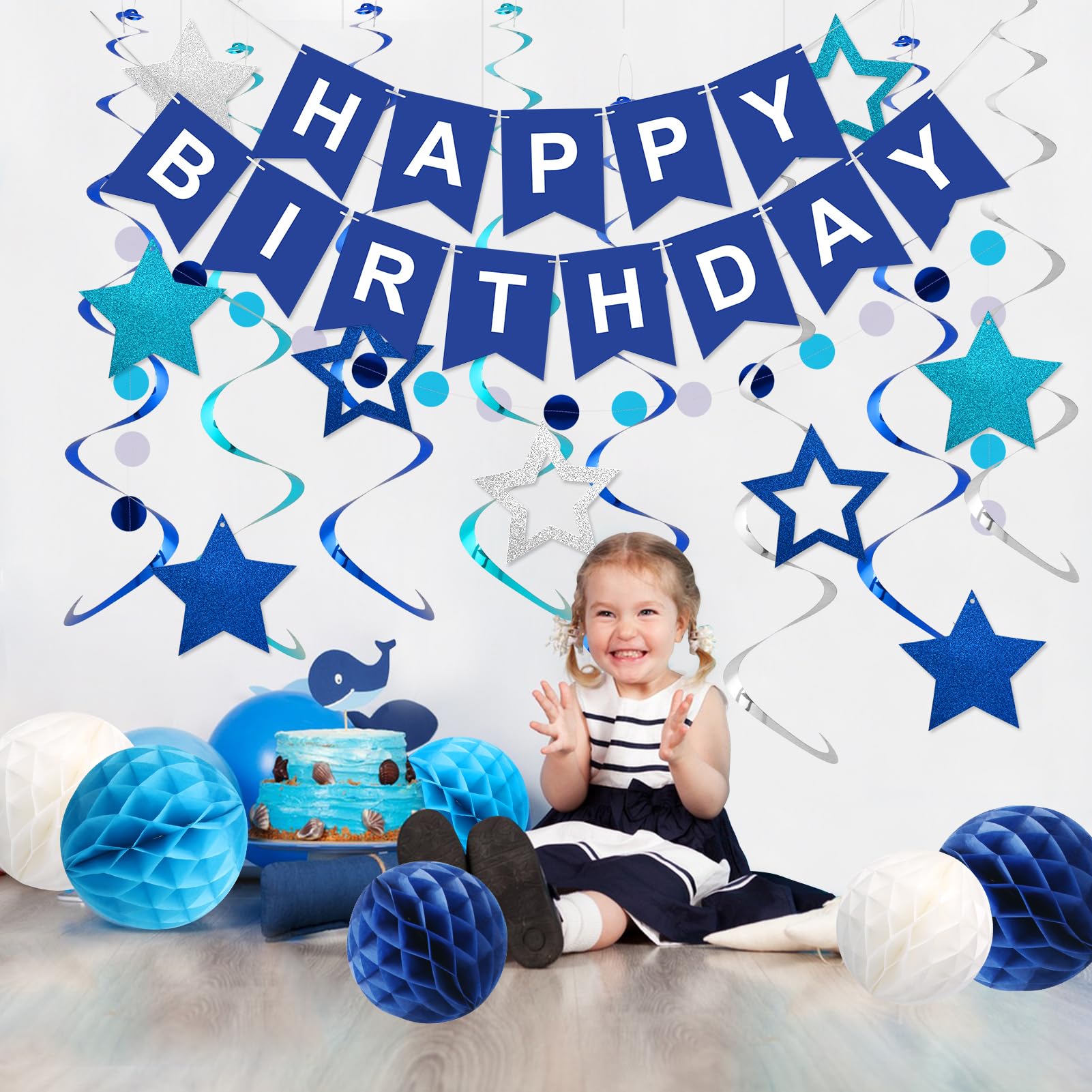 Meowtastic Birthday Decorations: Happy Banner, Honeycomb Balls, Stars Swirl Streamers, Circle Dots Garland - Blue