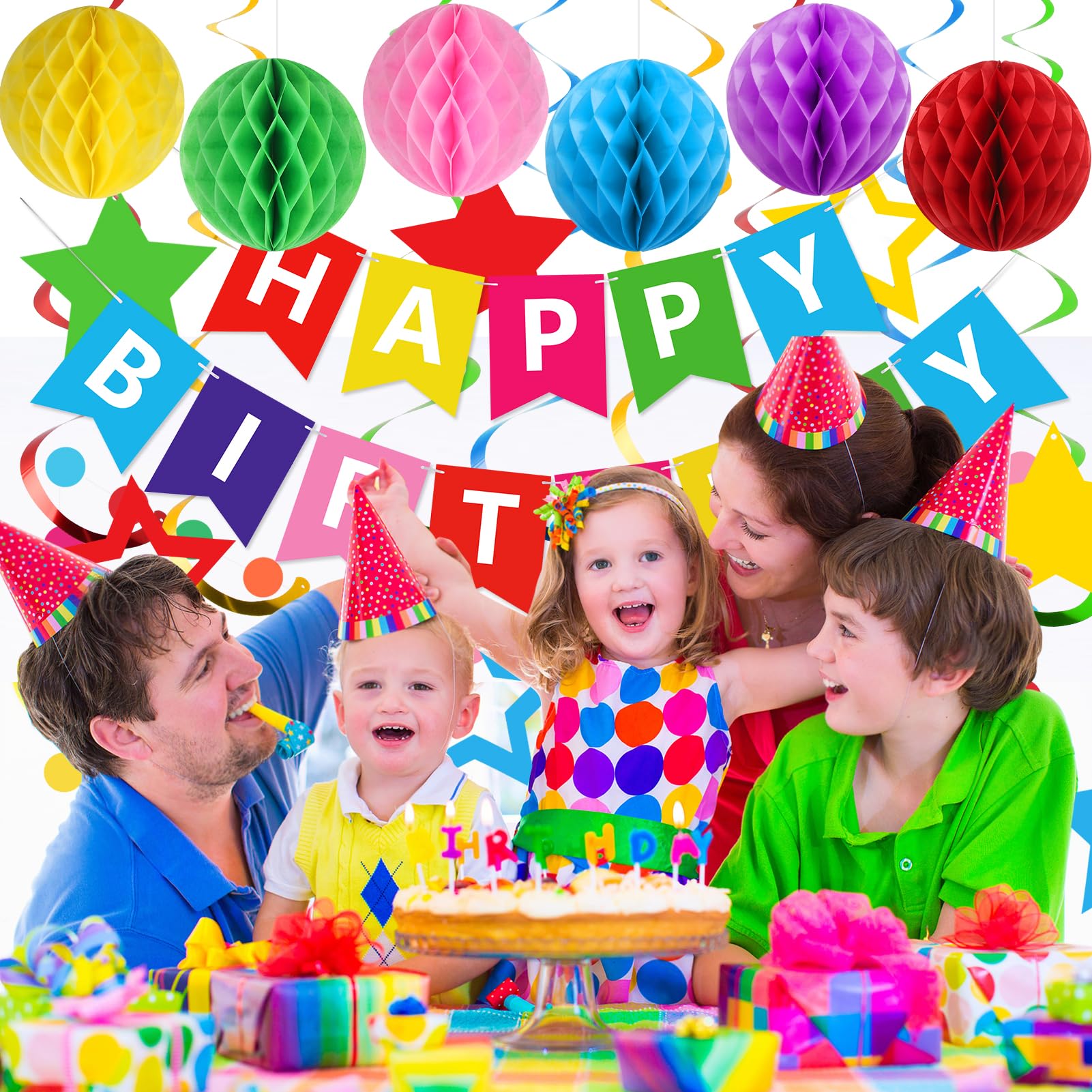 Meowtastic Rainbow Birthday Decorations – Banner, Honeycomb Balls & Stars Swirls