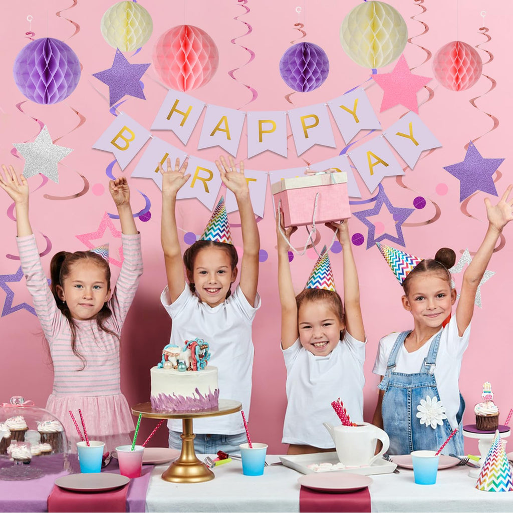 Meowtastic Birthday Decorations – Purple Banner, Honeycomb Balls, Stars Swirls & Circle Dots