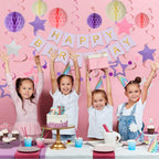Meowtastic Birthday Decorations – Purple Banner, Honeycomb Balls, Stars Swirls & Circle Dots
