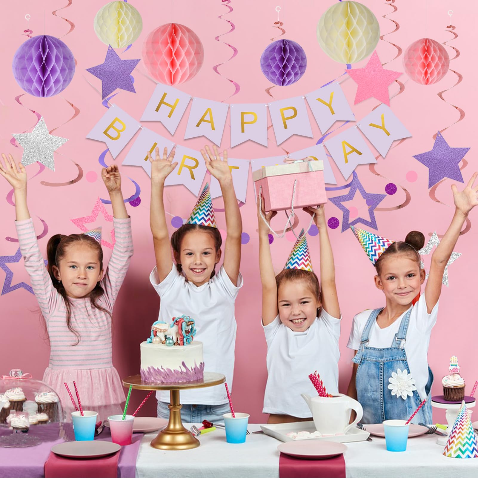 Meowtastic Birthday Decorations – Purple Banner, Honeycomb Balls, Stars Swirls & Circle Dots