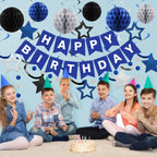 Meowtastic Birthday Decorations — Blue & Silver Banner, Honeycomb Balls & Swirl Streamers