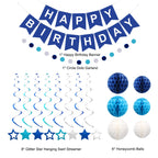 Meowtastic Birthday Decorations: Happy Banner, Honeycomb Balls, Stars Swirl Streamers, Circle Dots Garland - Blue