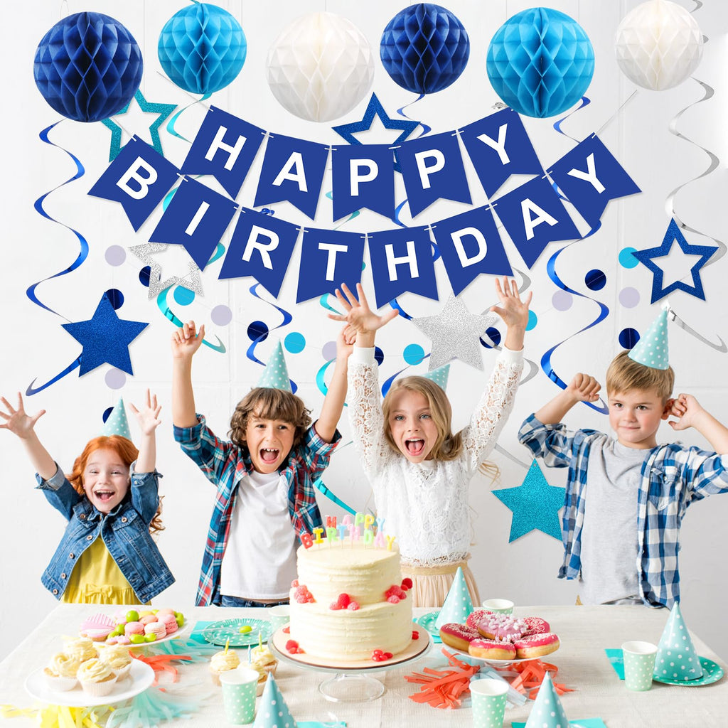 Meowtastic Birthday Decorations: Happy Banner, Honeycomb Balls, Stars Swirl Streamers, Circle Dots Garland - Blue