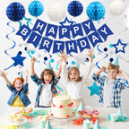 Meowtastic Birthday Decorations: Happy Banner, Honeycomb Balls, Stars Swirl Streamers, Circle Dots Garland - Blue