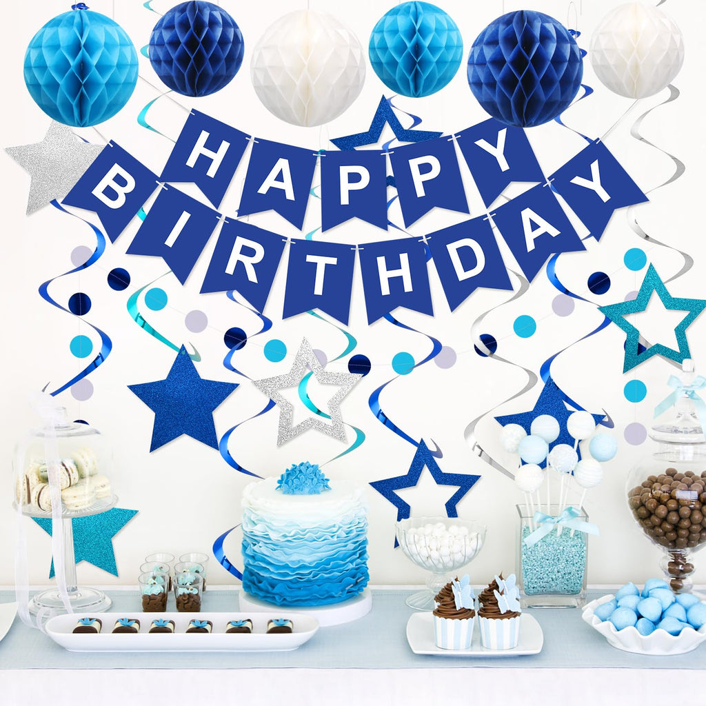 Meowtastic Birthday Decorations: Happy Banner, Honeycomb Balls, Stars Swirl Streamers, Circle Dots Garland - Blue