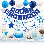 Meowtastic Birthday Decorations: Happy Banner, Honeycomb Balls, Stars Swirl Streamers, Circle Dots Garland - Blue