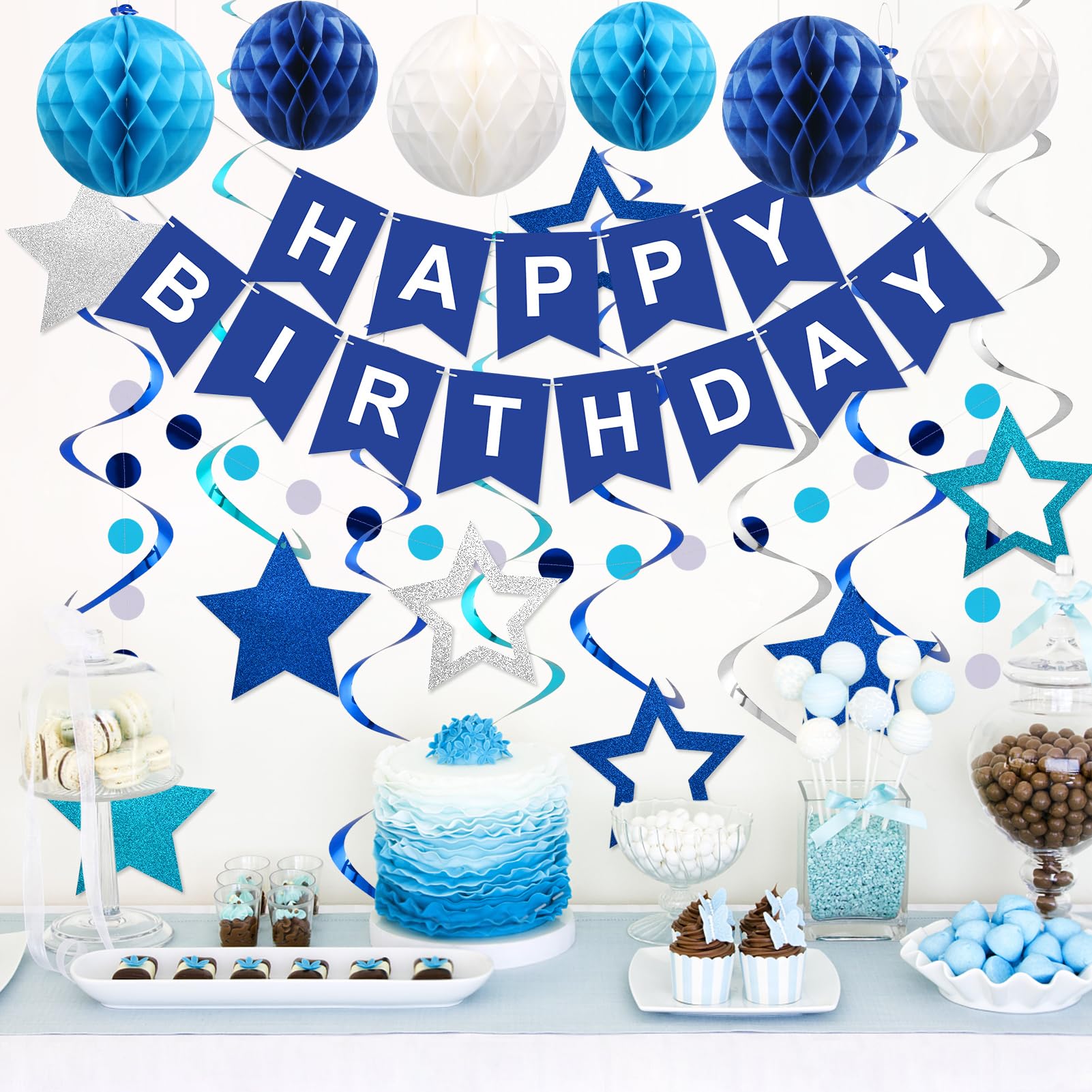 Meowtastic Birthday Decorations: Happy Banner, Honeycomb Balls, Stars Swirl Streamers, Circle Dots Garland - Blue